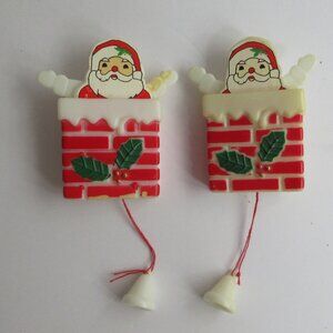 Christmas Pin Pull String Bell Pop Up Santa in Chimney Brooch Lot of 2 Vintage